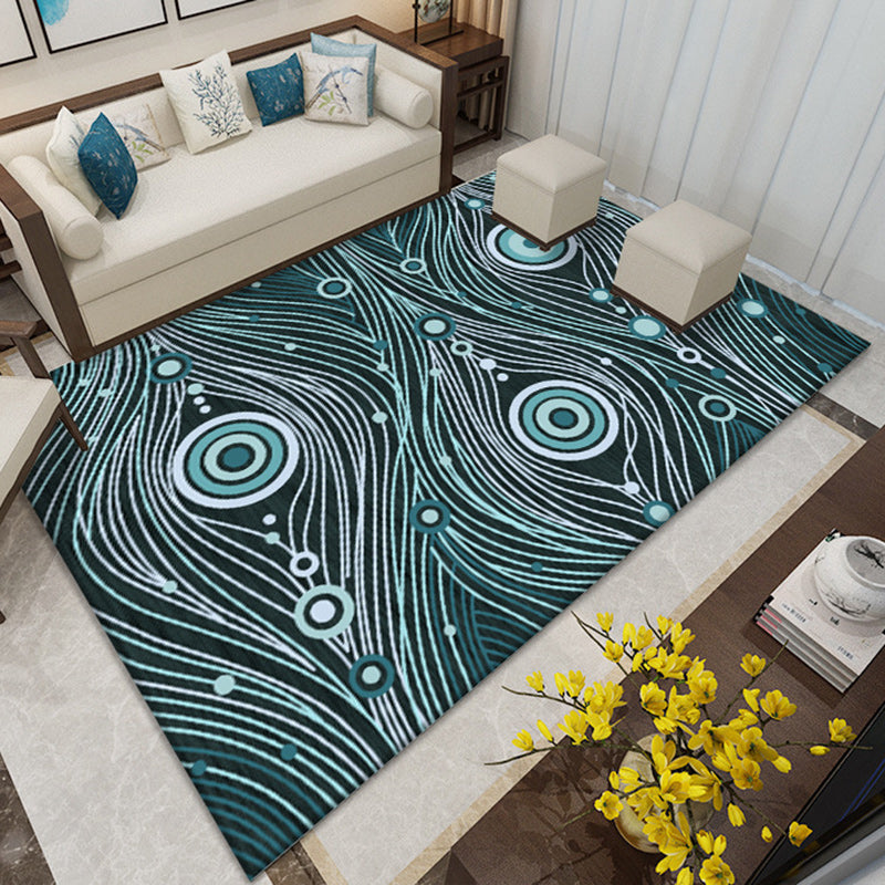 Lisslune | Southwest Living Room Rug in White and Blue Circle Line Print Rug Polyester Stain Resistant Area Rug
