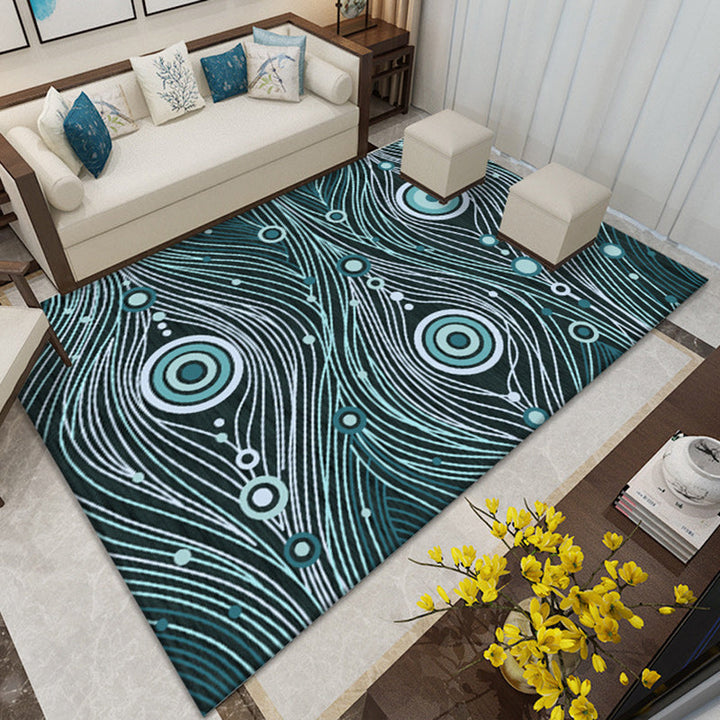 Lisslune | Southwest Living Room Rug in White and Blue Circle Line Print Rug Polyester Stain Resistant Area Rug