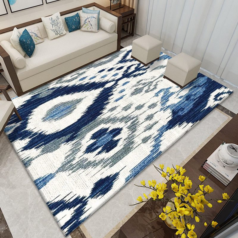 Lisslune | Southwest Living Room Rug in White and Blue Circle Line Print Rug Polyester Stain Resistant Area Rug