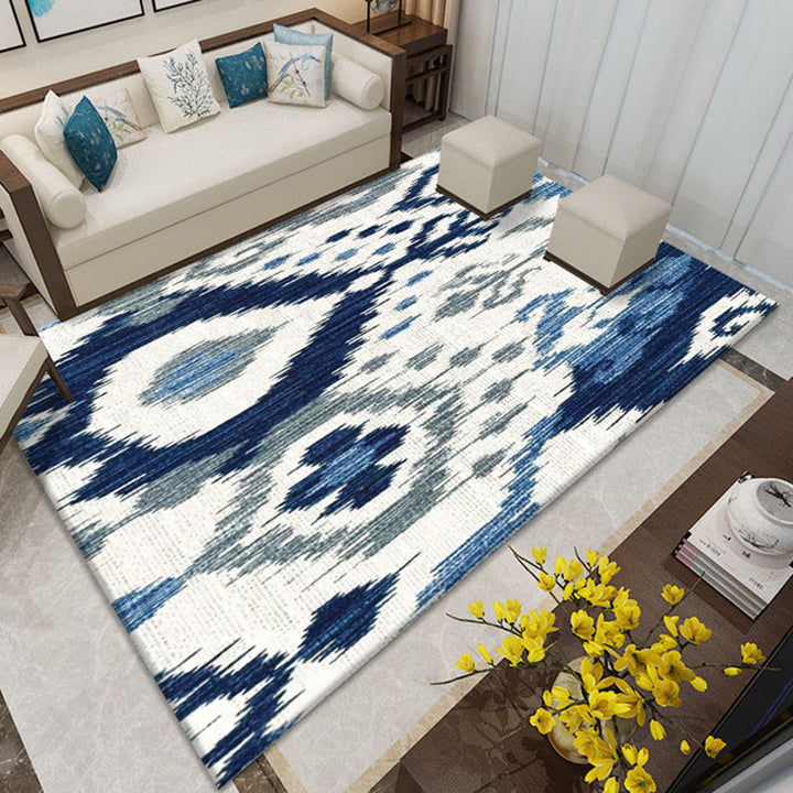Lisslune | Southwest Living Room Rug in White and Blue Circle Line Print Rug Polyester Stain Resistant Area Rug