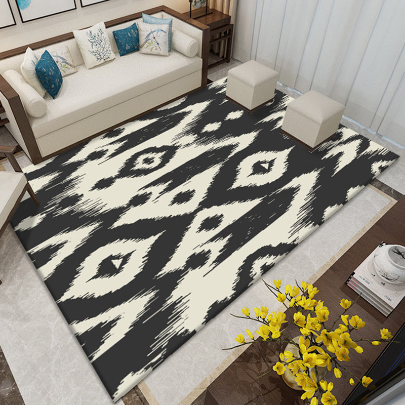 Lisslune | Southwest Living Room Rug in White and Blue Circle Line Print Rug Polyester Stain Resistant Area Rug
