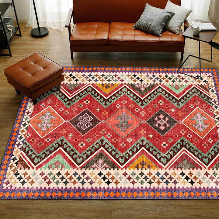 Lisslune | Red Bedroom Rug Southwestern Geometric Diamond Wave Pattern Rug Polyester Non-Slip Backing Rug