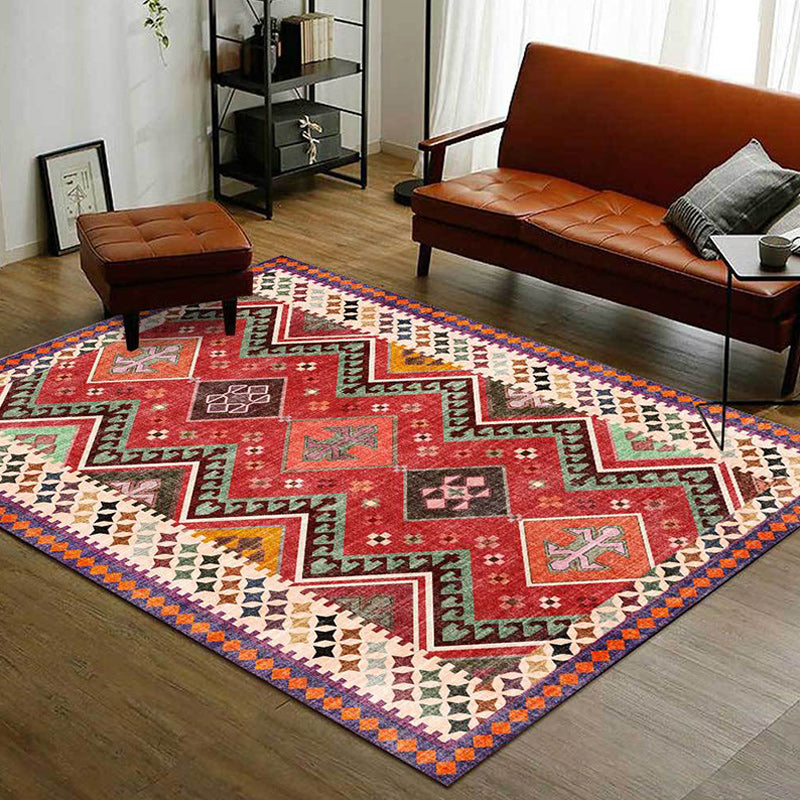 Lisslune | Red Bedroom Rug Southwestern Geometric Diamond Wave Pattern Rug Polyester Non-Slip Backing Rug