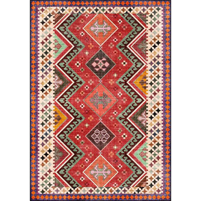 Lisslune | Red Bedroom Rug Southwestern Geometric Diamond Wave Pattern Rug Polyester Non-Slip Backing Rug
