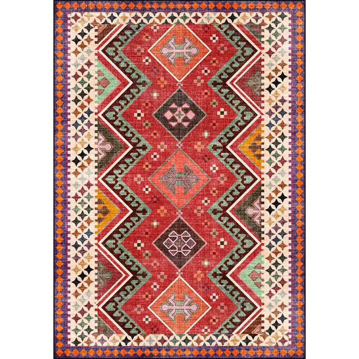 Lisslune | Red Bedroom Rug Southwestern Geometric Diamond Wave Pattern Rug Polyester Non-Slip Backing Rug