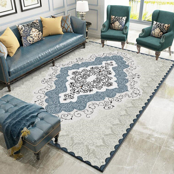 Lisslune | Mediterranean Moroccan rug in blue and gray medallion pattern rug polyester non-slip rug for home decor