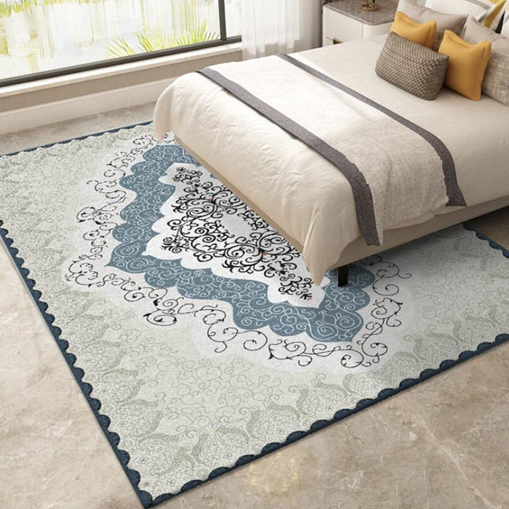 Lisslune | Mediterranean Moroccan rug in blue and gray medallion pattern rug polyester non-slip rug for home decor