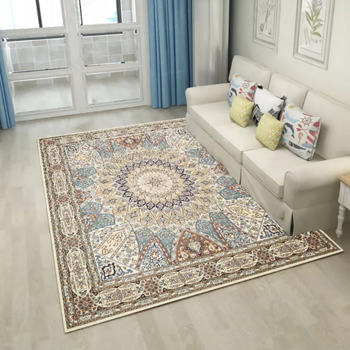 Lisslune | Brown Bedroom Rug Moroccan Medallion Pattern Area Rug Polyester Non-Slip Machine Washable Rug