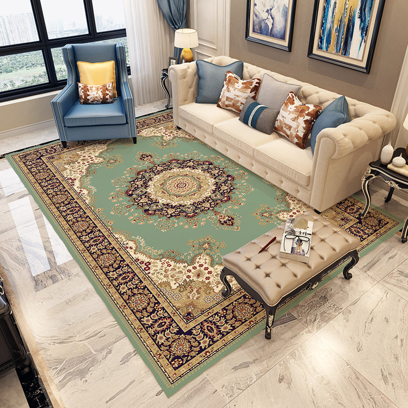 Lisslune | Blue and gray bedroom rug Moroccan medallion floral pattern area rug polyester non-slip washable rug