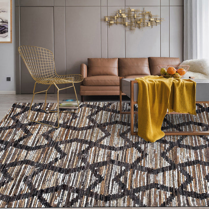 Lisslune | Brown Bedroom Carpet Novelty Geometry Stripes Wave Pattern Carpet Polyester Non-Slip Back Carpet
