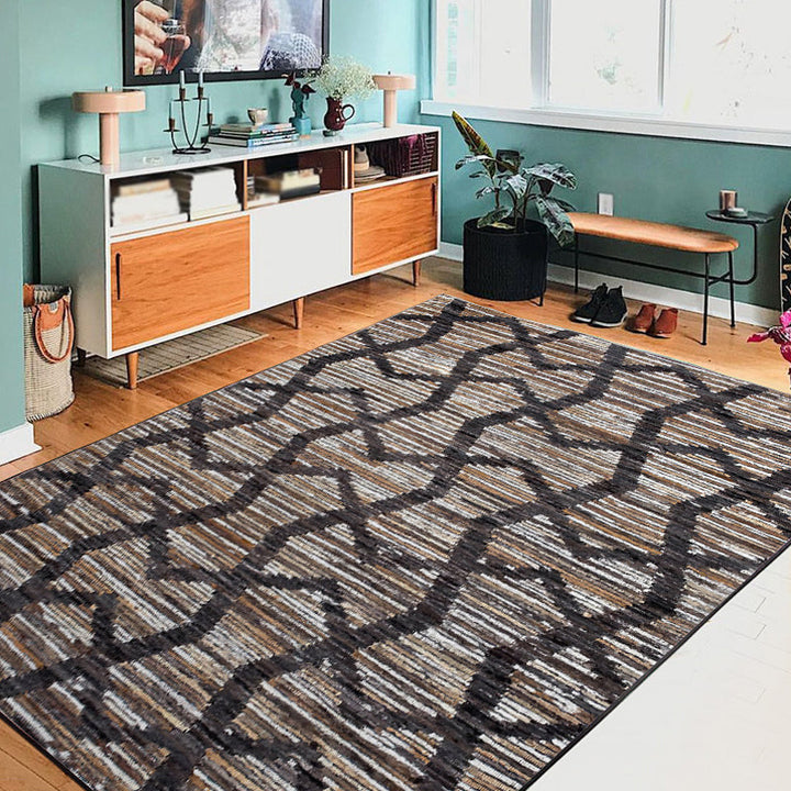 Lisslune | Brown Bedroom Carpet Novelty Geometry Stripes Wave Pattern Carpet Polyester Non-Slip Back Carpet