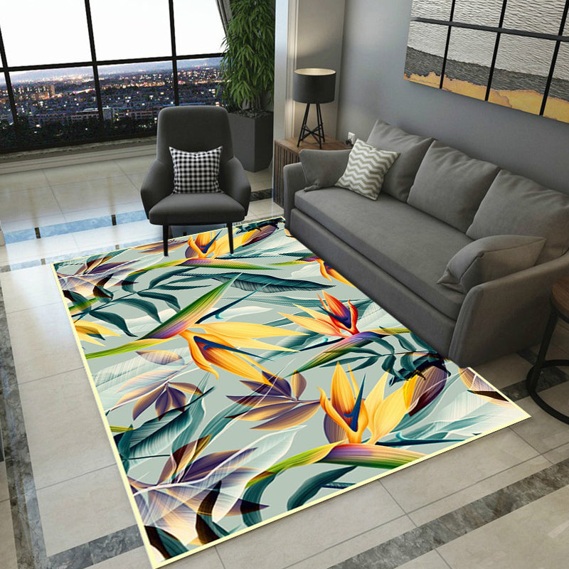 Lisslune | Vintage living room rug in green botanical leaf print rug polyester pet-friendly washable area rug