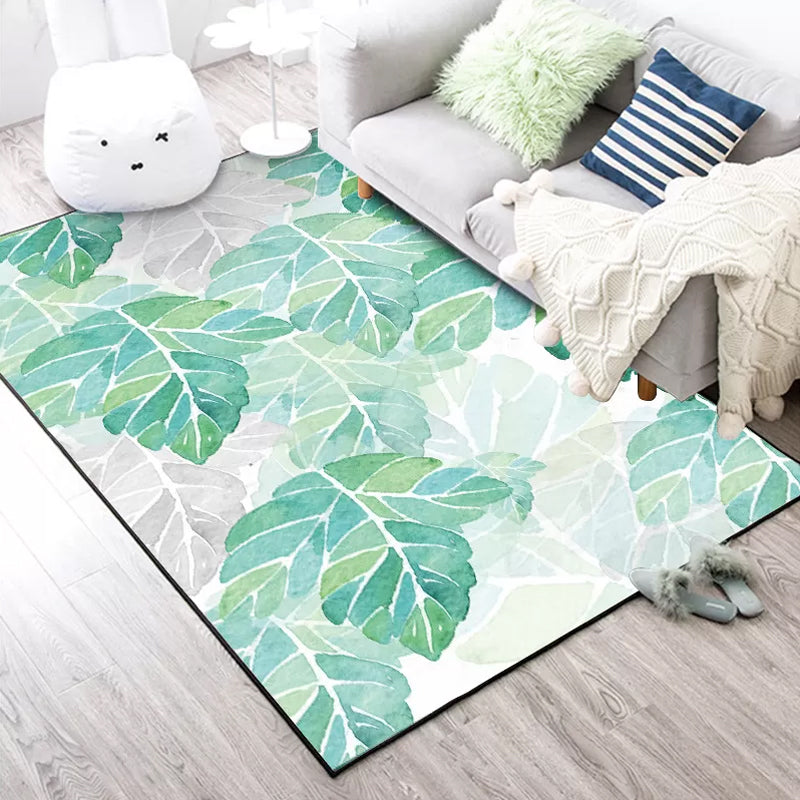 Lisslune | Green and White Bedroom Carpet Tropical Botanical Leaf Pattern Area Rug Polyester Stain-Resistant Washable Rug