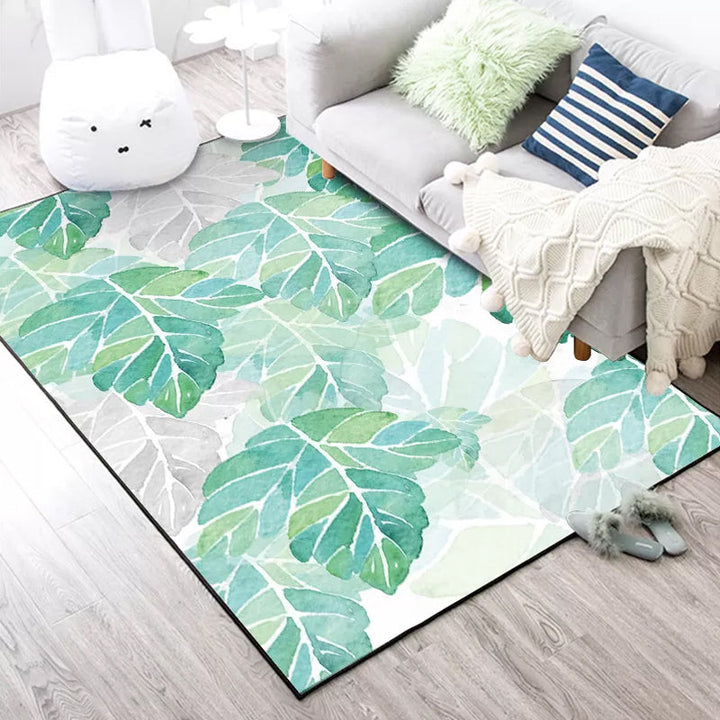Lisslune | Green and White Bedroom Carpet Tropical Botanical Leaf Pattern Area Rug Polyester Stain-Resistant Washable Rug