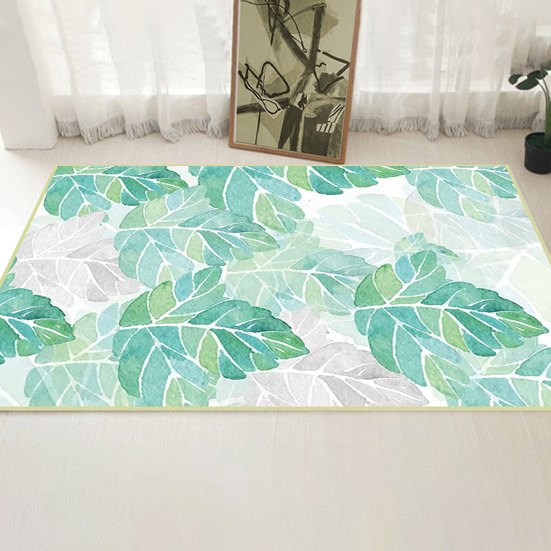 Lisslune | Green and White Bedroom Carpet Tropical Botanical Leaf Pattern Area Rug Polyester Stain-Resistant Washable Rug