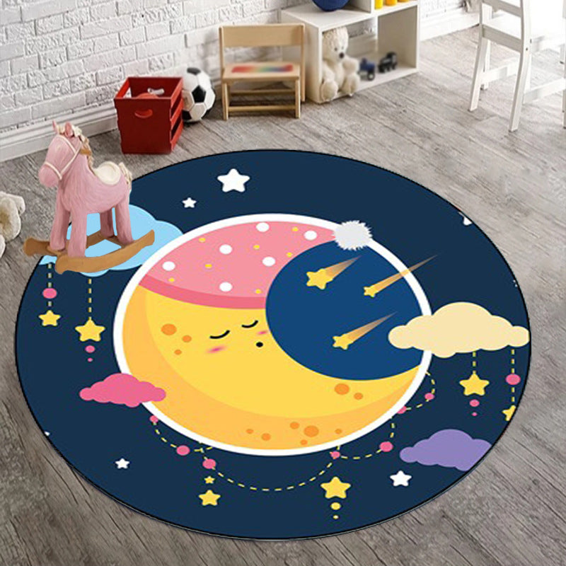 Lisslune | Blue Children's Room Carpet Children's Fairy Tale Moon Stars Pattern Carpet Polyester  
Non-Slip Back Carpet