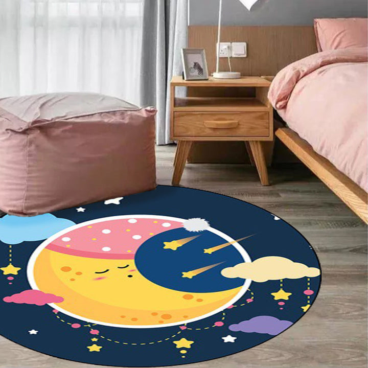 Lisslune | Blue Children's Room Carpet Children's Fairy Tale Moon Stars Pattern Carpet Polyester  
Non-Slip Back Carpet