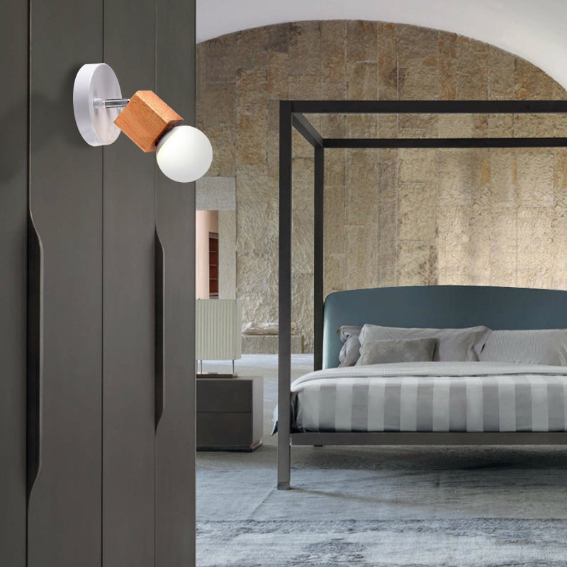 Lisslune | Black/White 1 Head Wall Lamp Sconces Industrial Style Wooden Square Wall Mount Light with Circular Wall Plate
