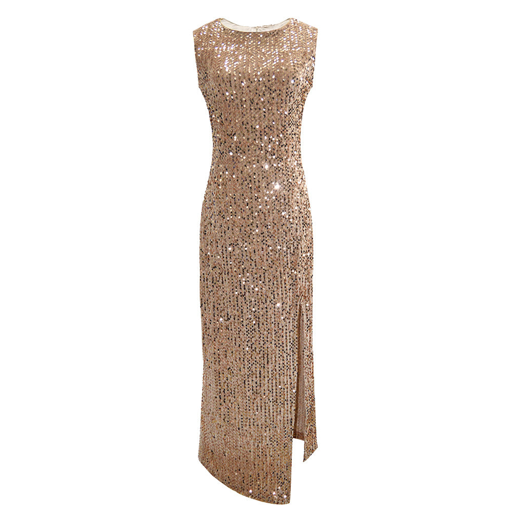 Women's Sparkling Evening Dress with High Slit and Sequin Trim