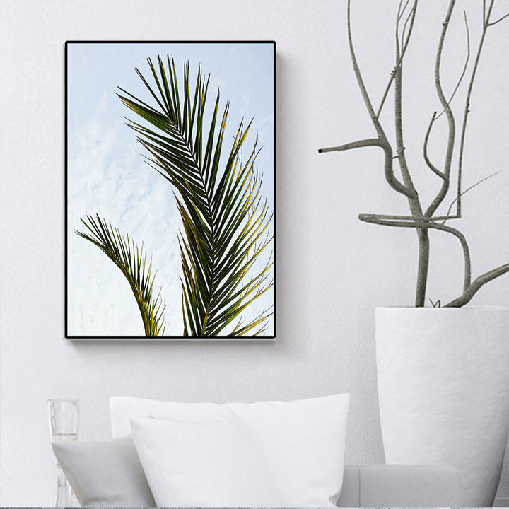 Lisslune | Tropics Palm Tree Branch Canvas Green-Blue Textured Wall Decoration for Dining Room