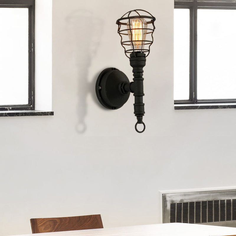 Lisslune | Vintage Industrial Coated Wall Lamp 1 Light Metal Wall Mount Light with Water Pipe in Black for Dining Room