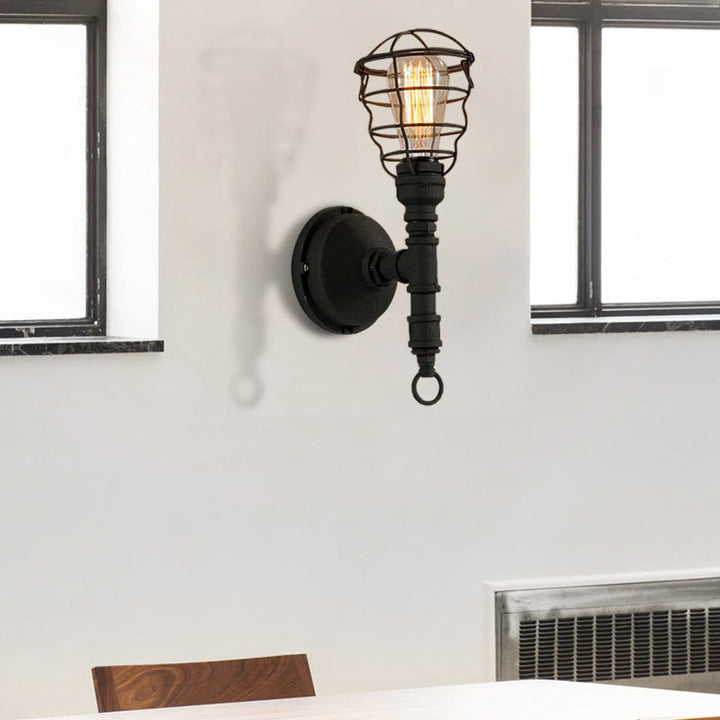 Lisslune | Vintage Industrial Coated Wall Lamp 1 Light Metal Wall Mount Light with Water Pipe in Black for Dining Room