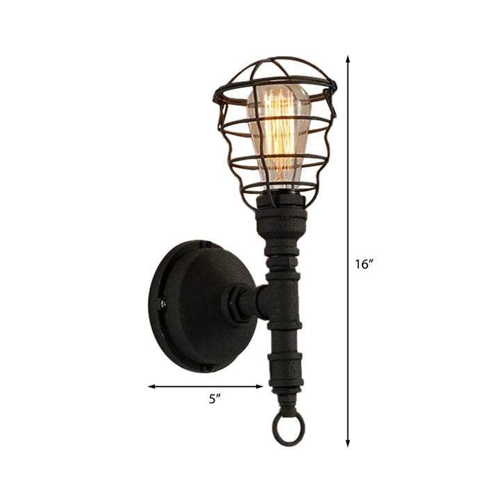 Lisslune | Vintage Industrial Coated Wall Lamp 1 Light Metal Wall Mount Light with Water Pipe in Black for Dining Room