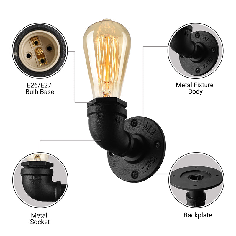 Skørter | Bare Bulb Living Room Wall Light with Pipe Rustic Stylish Metal 1 Head Black/Bronze Wall Mount Light