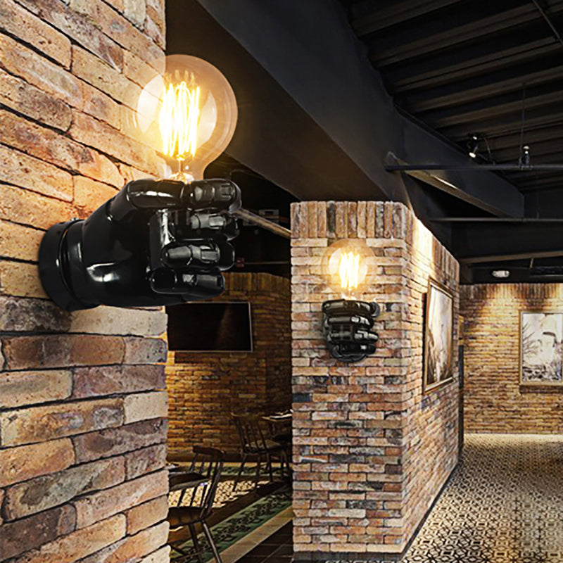 Skørter | Black/White Bare Bulb Wall Lamp with Hand-Shaped Base Vintage Style Wood 1 Light Restaurant Wall Lamp