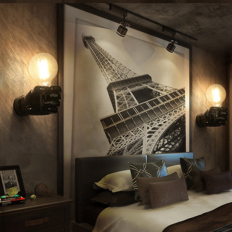 Skørter | Black/White Bare Bulb Wall Lamp with Hand-Shaped Base Vintage Style Wood 1 Light Restaurant Wall Lamp