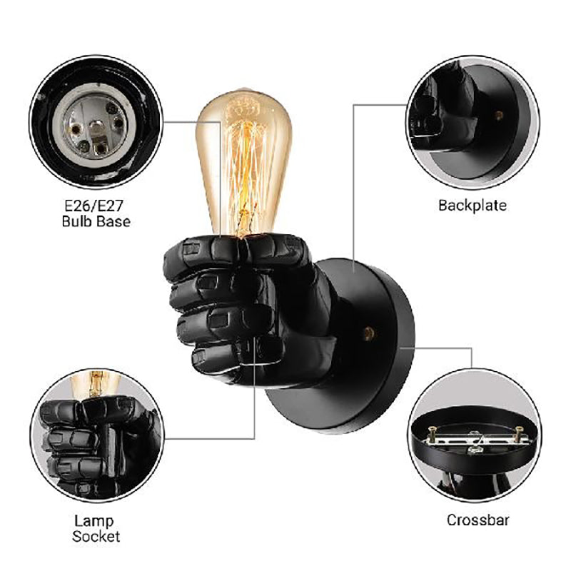 Skørter | Black/White Bare Bulb Wall Lamp with Hand-Shaped Base Vintage Style Wood 1 Light Restaurant Wall Lamp