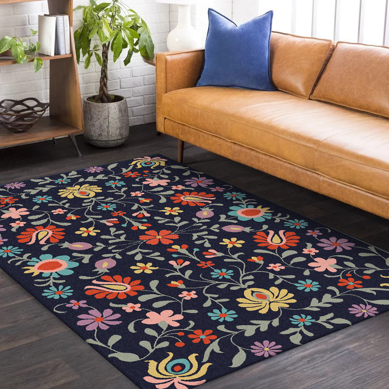 Lisslune | Classic floral pattern rug with leaves Marine Polyester rug Machine washable Non-slip rug for the bedroom