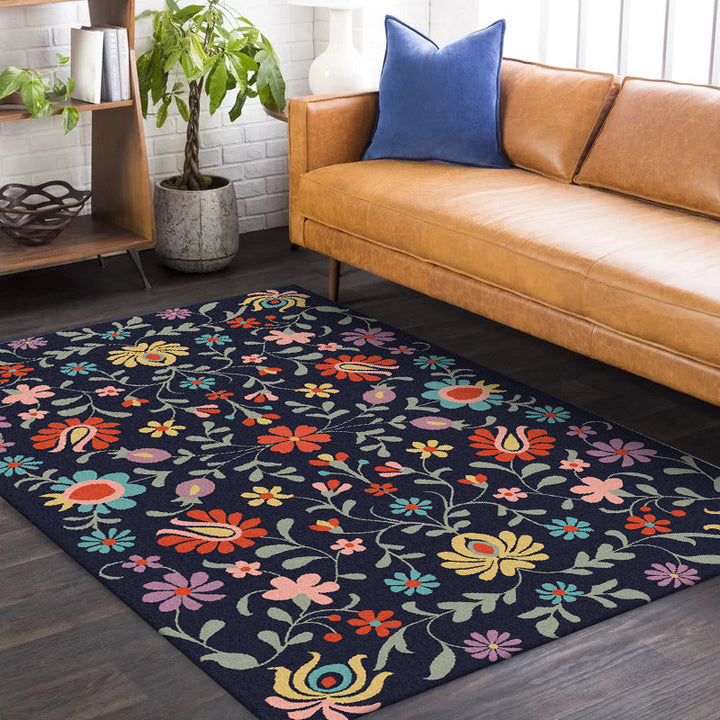 Lisslune | Classic floral pattern rug with leaves Marine Polyester rug Machine washable Non-slip rug for the bedroom