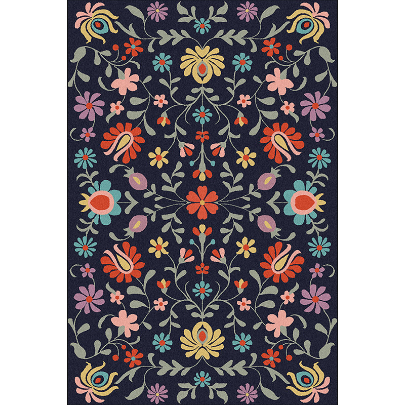 Lisslune | Classic floral pattern rug with leaves Marine Polyester rug Machine washable Non-slip rug for the bedroom