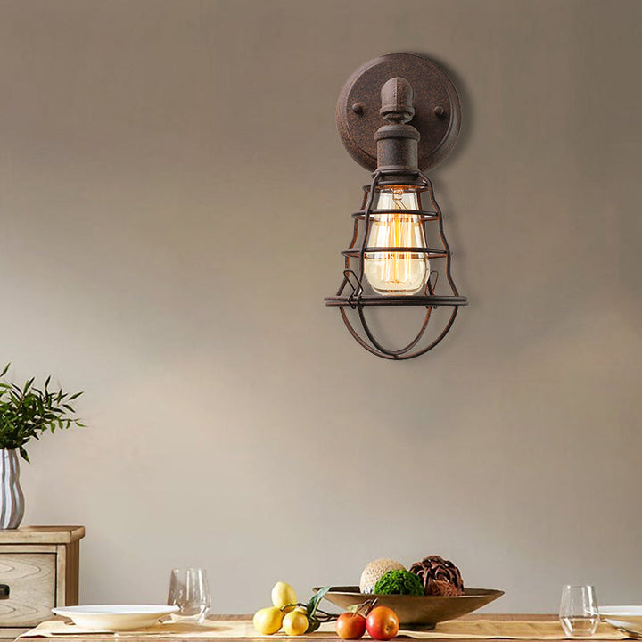 Lisslune | Wire Frame Iron Wall Lamp with Pipe Farmhouse 1 Head Dining Room Mini Wall Lamp in Rust