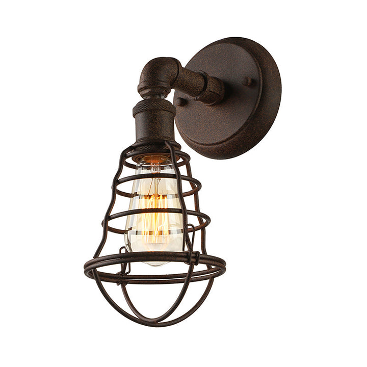 Lisslune | Wire Frame Iron Wall Lamp with Pipe Farmhouse 1 Head Dining Room Mini Wall Lamp in Rust