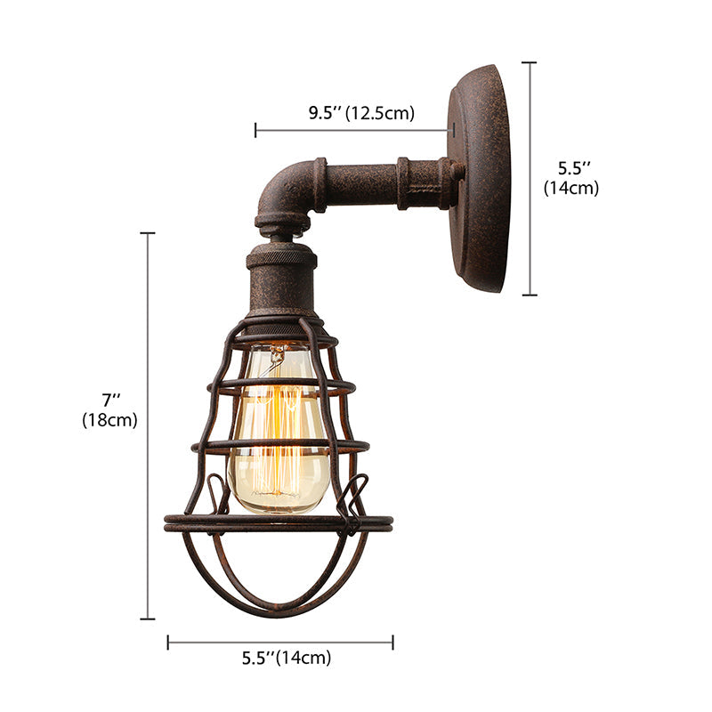 Lisslune | Wire Frame Iron Wall Lamp with Pipe Farmhouse 1 Head Dining Room Mini Wall Lamp in Rust