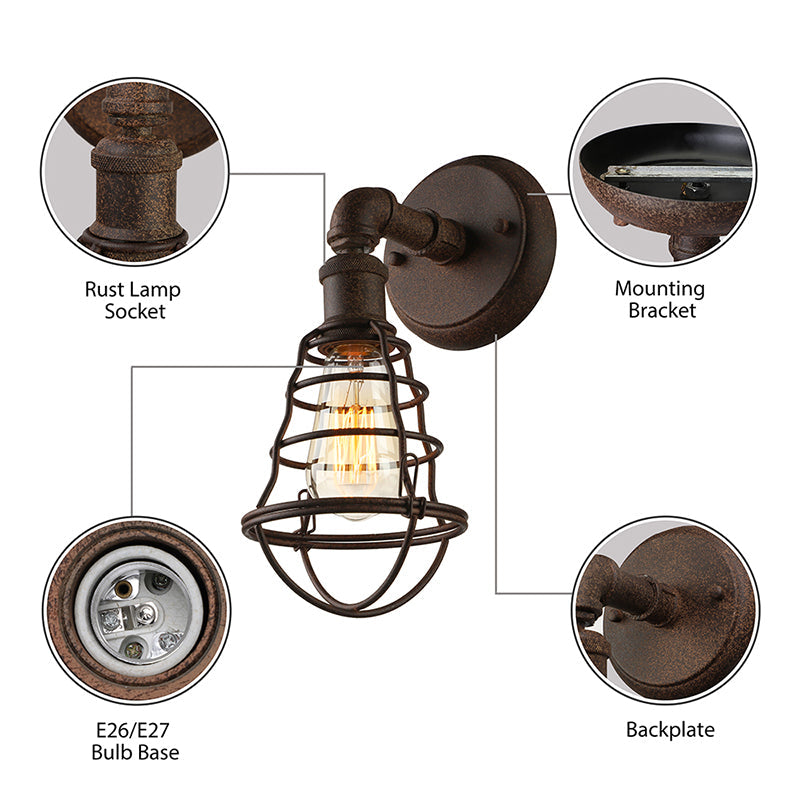 Lisslune | Wire Frame Iron Wall Lamp with Pipe Farmhouse 1 Head Dining Room Mini Wall Lamp in Rust