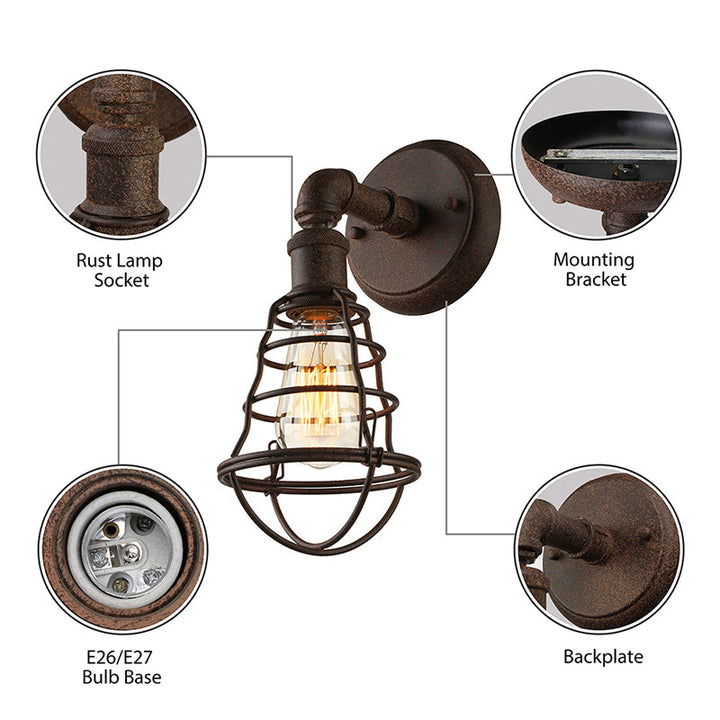 Lisslune | Wire Frame Iron Wall Lamp with Pipe Farmhouse 1 Head Dining Room Mini Wall Lamp in Rust