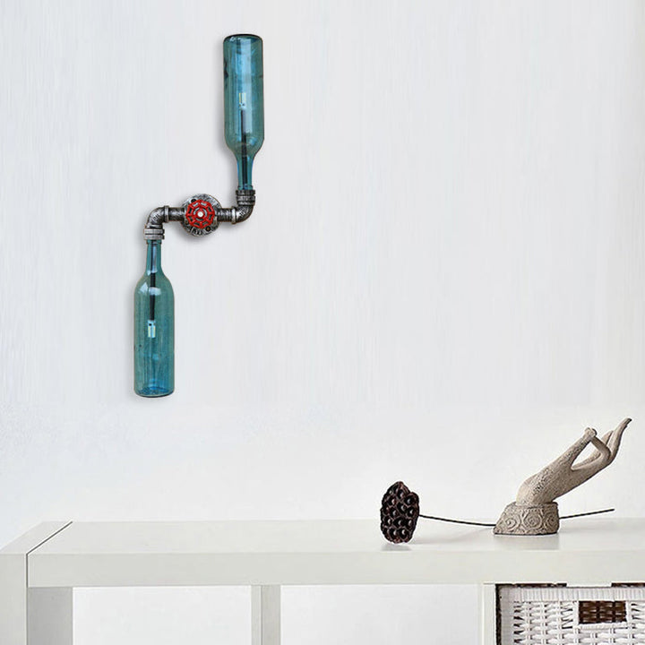 Lisslune | Glass Gray/Blue Wall Light Wine Bottle 2 Lights Industrial Style Wall Mount Light for Living Room