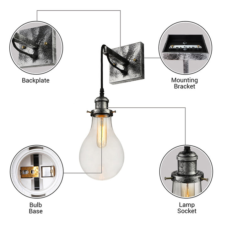 Lisslune | Black Bulb Shade Wall Light Industrial Clear Glass 1 Light Living Room Wall Lights Fixture