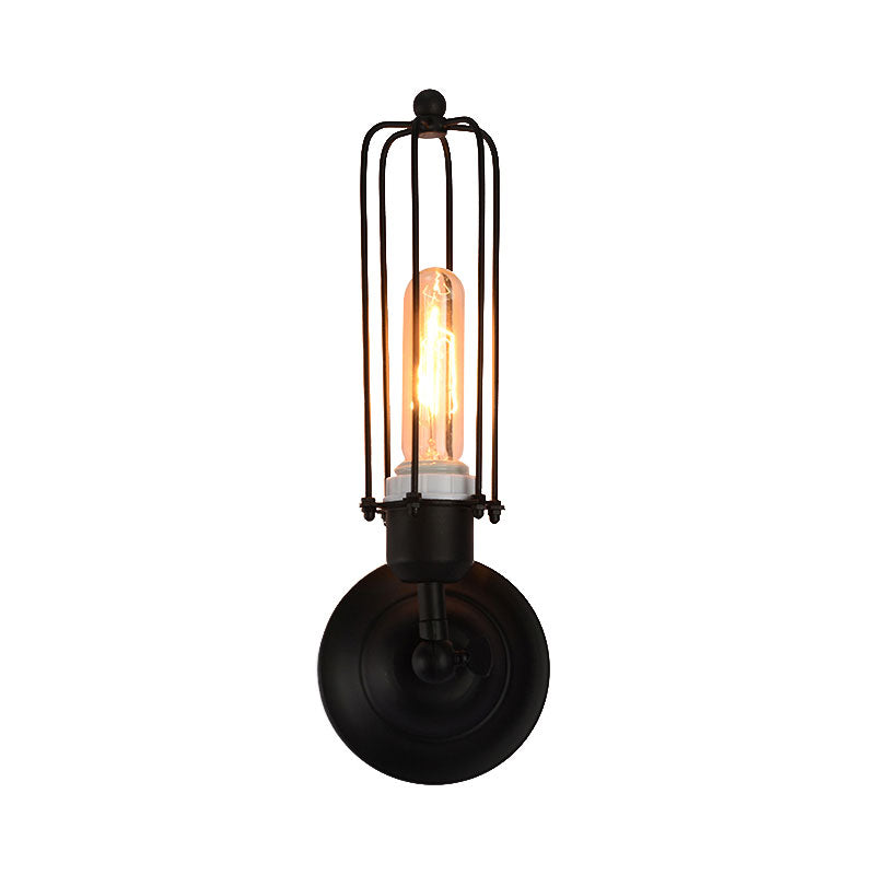 Skørter | 1/2-Bulb Linear Cage Wall Lamp Industrial Black/Rust Metal Wall Lighting Fixture for Living Room