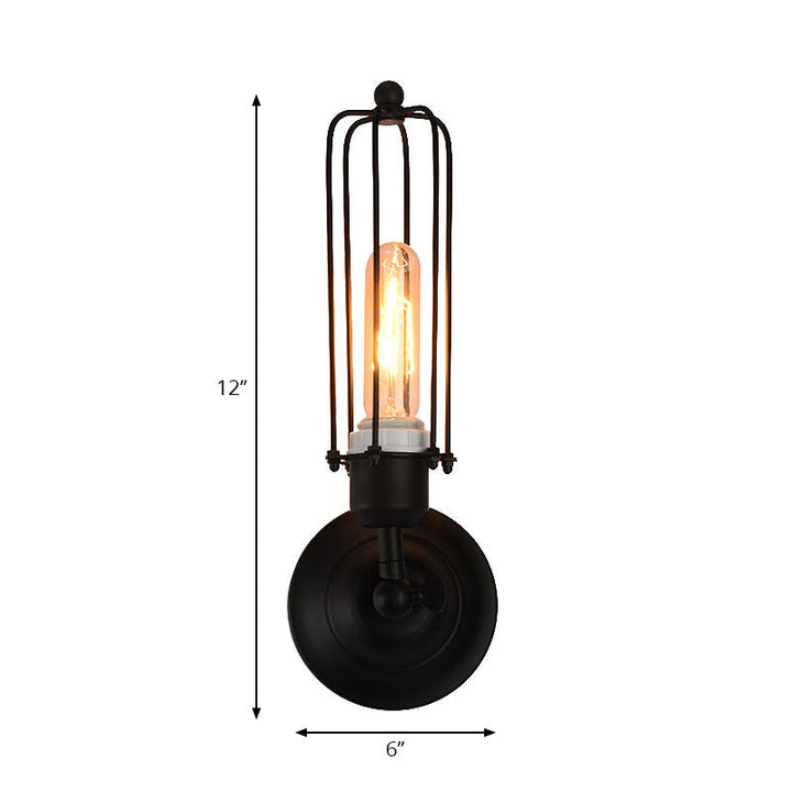 Skørter | 1/2-Bulb Linear Cage Wall Lamp Industrial Black/Rust Metal Wall Lighting Fixture for Living Room