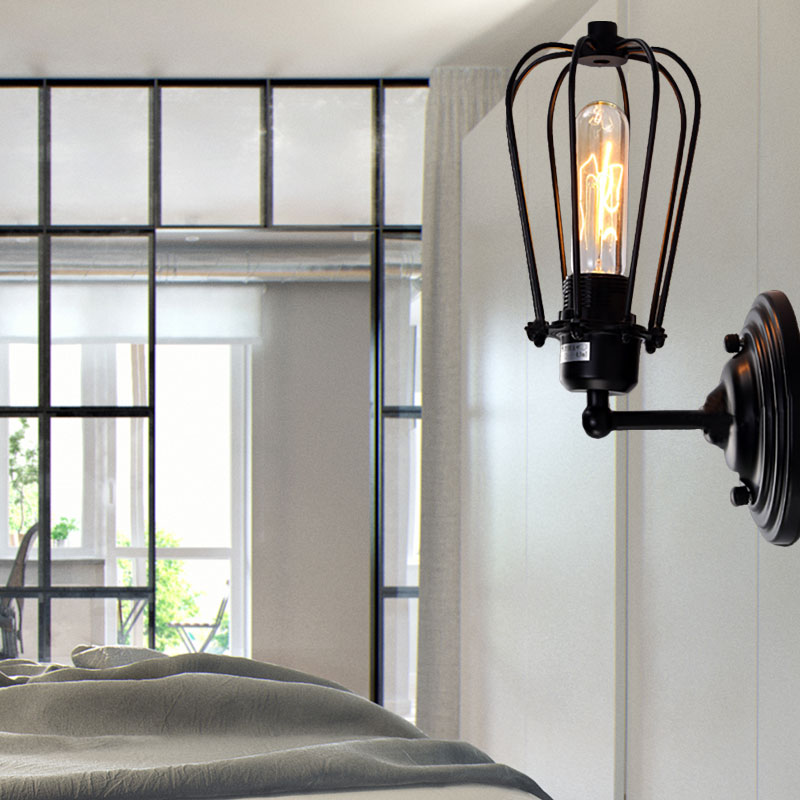 Lisslune | 1 Light Mini Wall Lamp Wall Bracket with Wire Frame Industrial Black Iron Wall Mount Lamp for Hallway