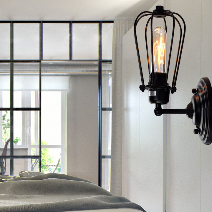 Lisslune | 1 Light Mini Wall Lamp Wall Bracket with Wire Frame Industrial Black Iron Wall Mount Lamp for Hallway