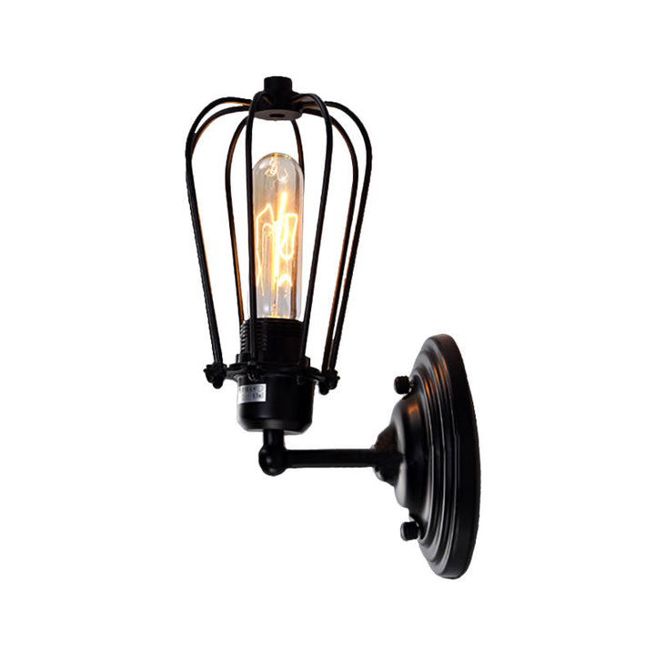 Lisslune | 1 Light Mini Wall Lamp Wall Bracket with Wire Frame Industrial Black Iron Wall Mount Lamp for Hallway