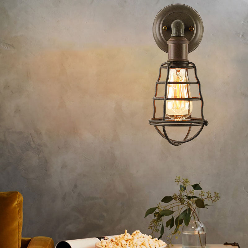Lisslune | Rust Finish Mini Wall Lamp with Cage Shade Antique Style Iron 1 Light Farmhouse Wall Mount Lighting