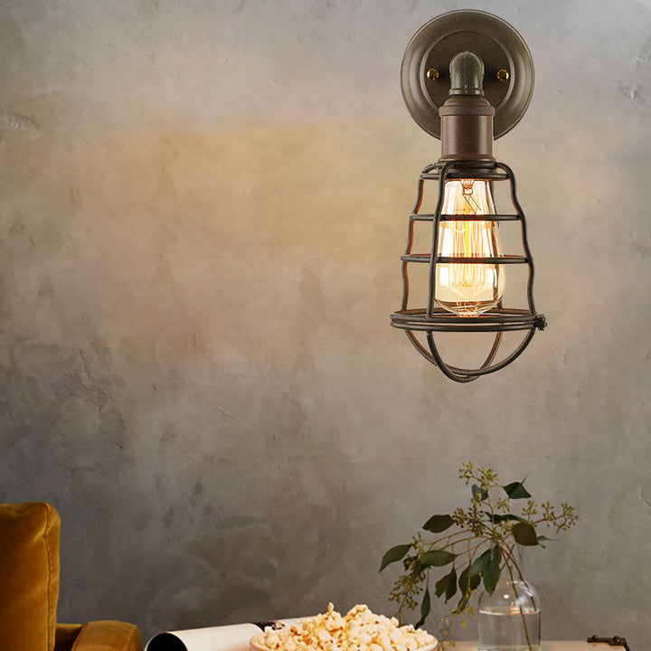 Lisslune | Rust Finish Mini Wall Lamp with Cage Shade Antique Style Iron 1 Light Farmhouse Wall Mount Lighting