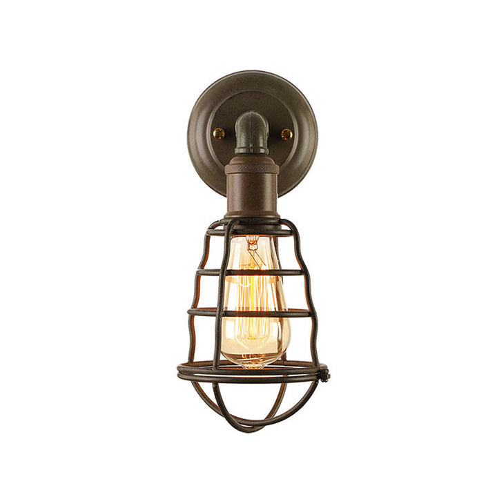 Lisslune | Rust Finish Mini Wall Lamp with Cage Shade Antique Style Iron 1 Light Farmhouse Wall Mount Lighting