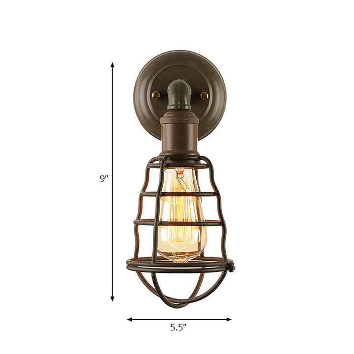 Lisslune | Rust Finish Mini Wall Lamp with Cage Shade Antique Style Iron 1 Light Farmhouse Wall Mount Lighting